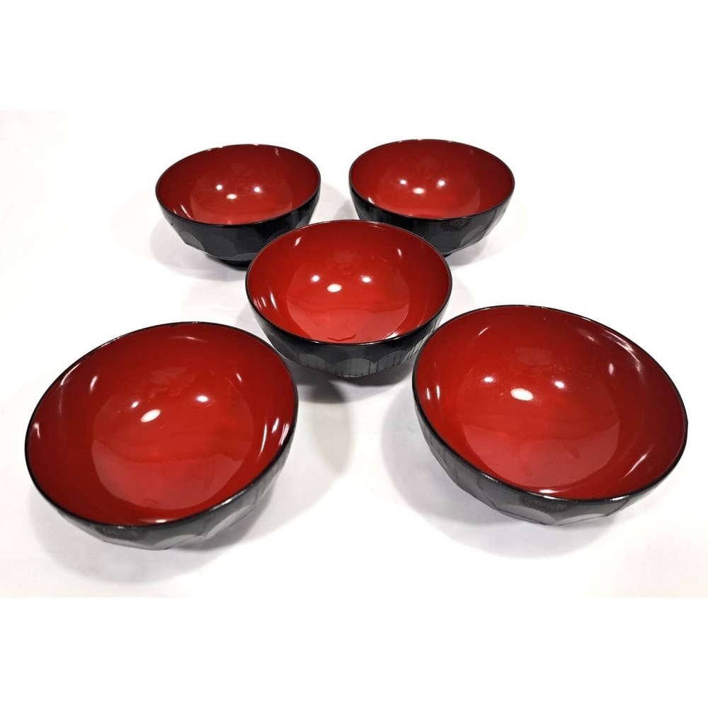 Vintage Japanese Miso Soup Bowls Set of 5 Red Black Textured Lacquerware Style